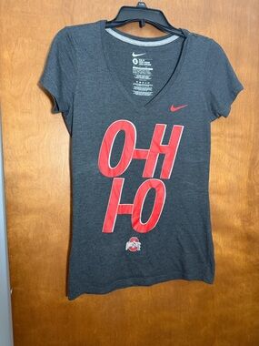 Nike Women’s Dark Gray V-Neck Tee with Red OHIO Graphic
